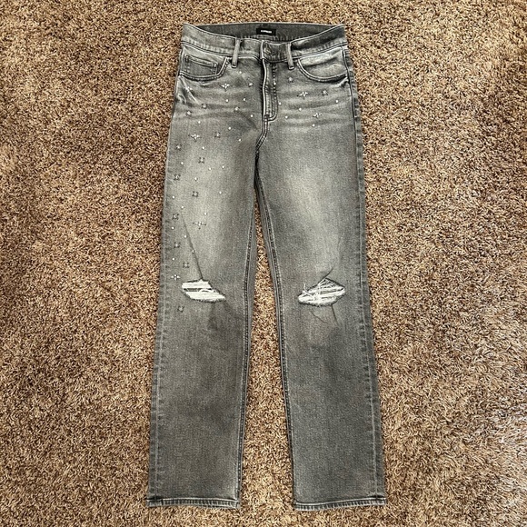 Express High Waisted Ripped Pearl Embellishment Modern Straight Jeans - Picture 5 of 16